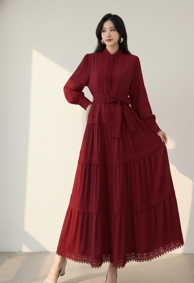 Vestido Largo Encaje con Cinturón